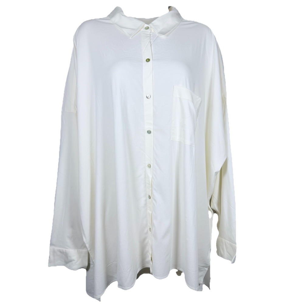 J Jill Womens 3X Cream One Pocket Button Up Tunic Blouse Stretch Minimalist NWT